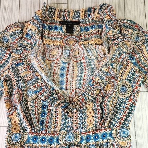 Marc Jacobs Floral and Paisley Print Ruffle Silk Dress in Cream and Green Size 6 - Picture 13 of 14